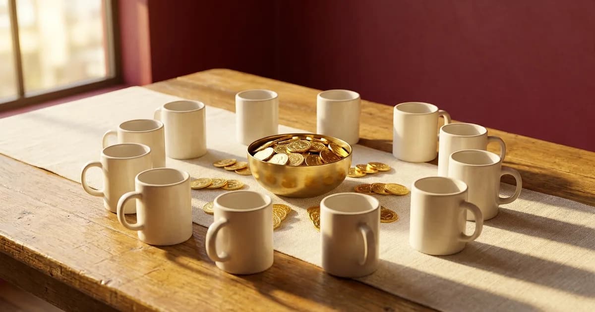 A ring of cream coffee mugs on a break-room table around a brass bowl of gold coins, with coins fanned out evenly toward each mug, against a deep red wall