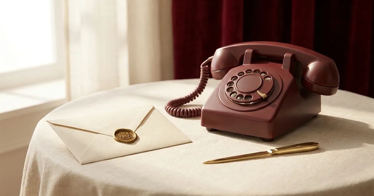 A cream envelope with a gold wax seal sits sealed on linen beside a muted crimson phone and a brass letter opener, warm editorial still life with soft shadows