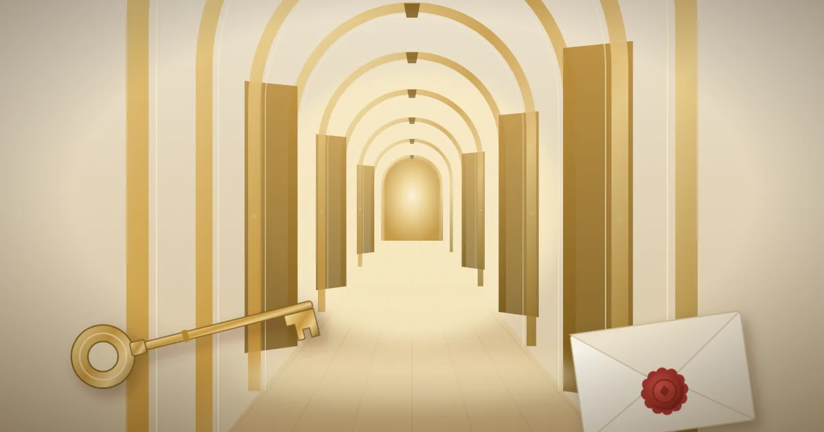 Illustration of a cream and gold arched corridor of half-open doors leading to a glowing doorway, with a brass key and a wax-sealed envelope in the foreground.