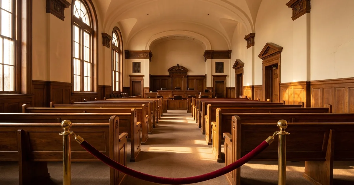 An empty, stately wooden courtroom gallery in warm afternoon light, with a red velvet rope on brass posts stretched across the aisle in the foreground