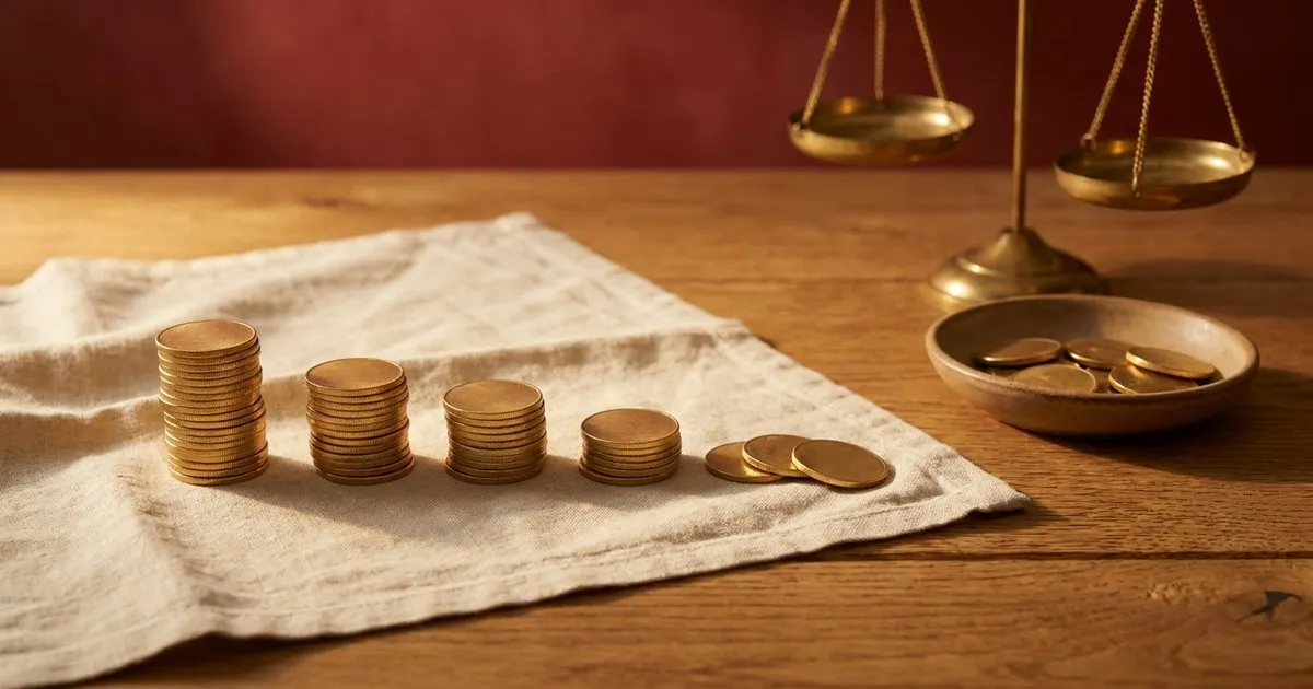 Five stacks of gold coins shrinking from tall to a few loose coins on a linen napkin, beside a brass balance scale and a dish of coins in warm lamp light