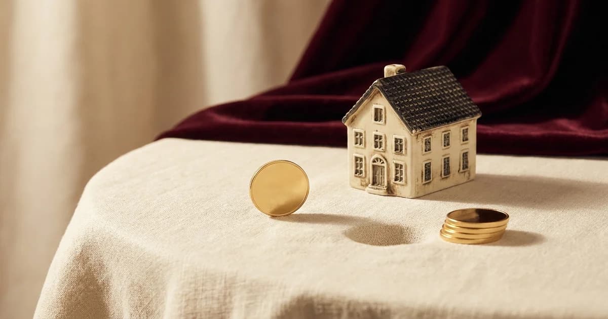 A single gold coin beside a miniature house model and a small stack of coins on cream linen against deep burgundy velvet