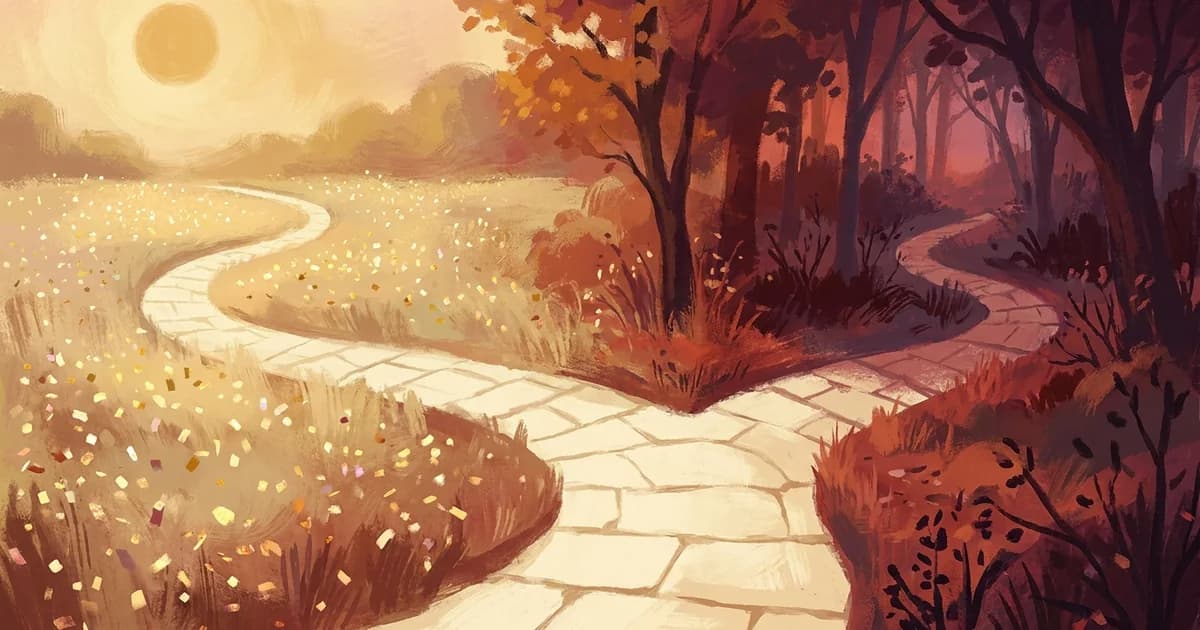 Painterly illustration of a cream stone path that forks, one branch winding into a golden sunlit meadow sparkling with confetti, the other curving into a deep red twilight forest