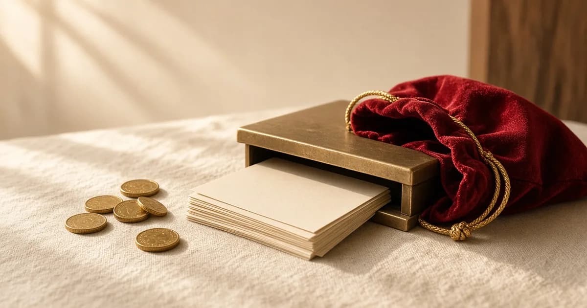 A brass ticket box with blank cream cards sits on linen beside a deep red velvet pouch and scattered gold coins, warm soft morning light