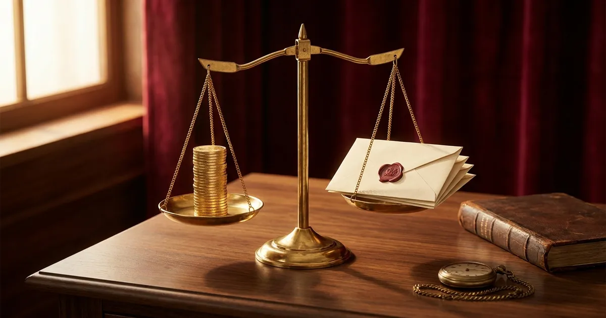 An antique brass balance scale on a walnut desk, with a stack of gold coins on one pan and a bundle of wax-sealed envelopes on the other, beside a leather ledger and a pocket watch