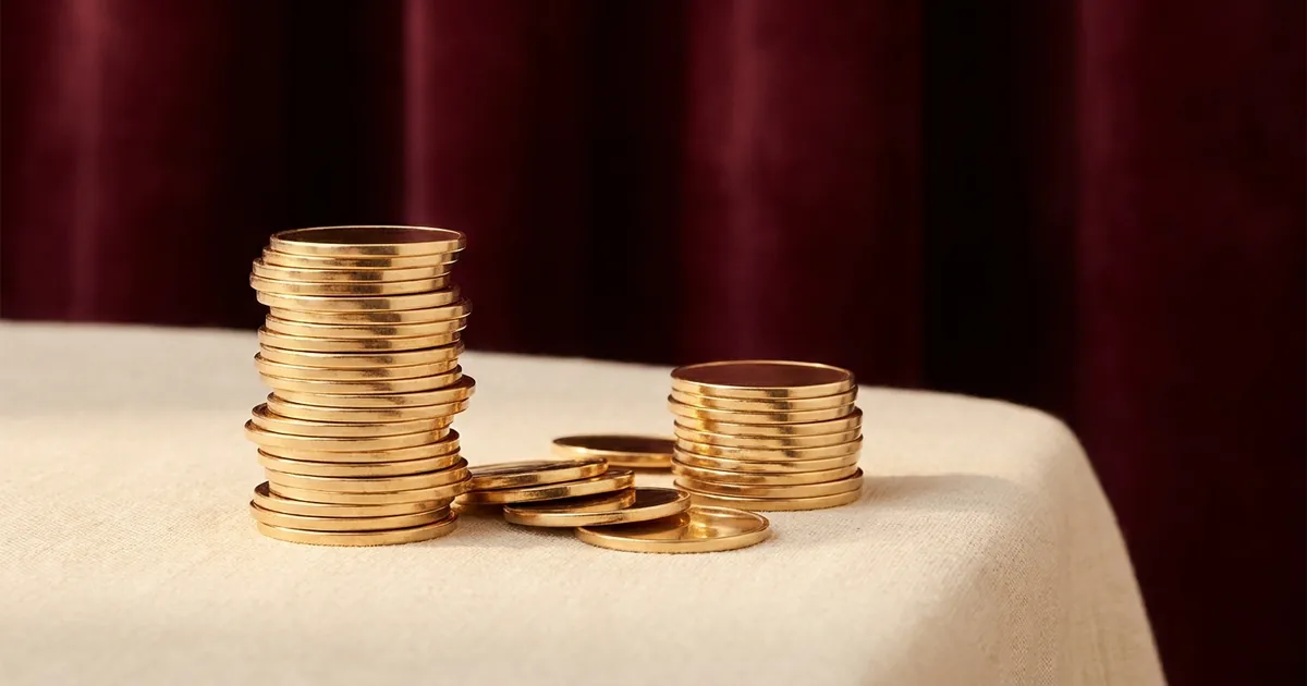 Two stacks of gold coins of different heights on cream linen against deep burgundy velvet, warm side light