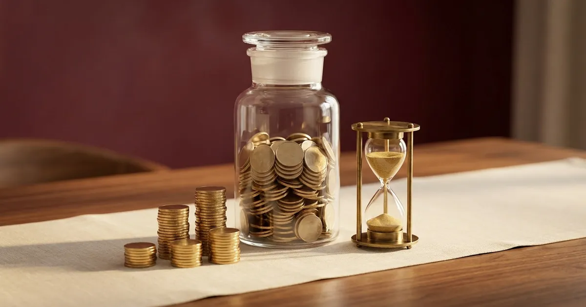 A glass jar of gold coins beside short stacks of coins rising like steps and a brass hourglass, on a linen runner in warm window light