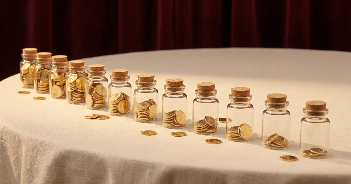 A curving row of small glass jars filled with gold coins, stepping down from full to nearly empty, on cream linen against deep burgundy velvet