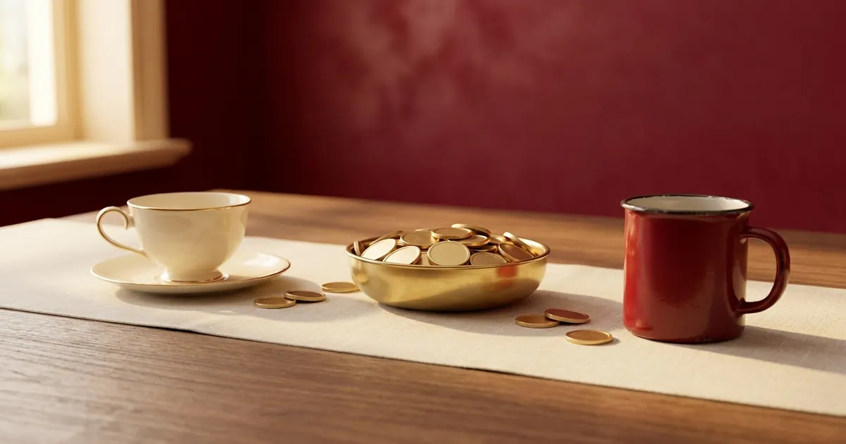 A cream china teacup and a red enamel mug on a linen table runner, with one brass bowl of gold coins between them, in warm window light