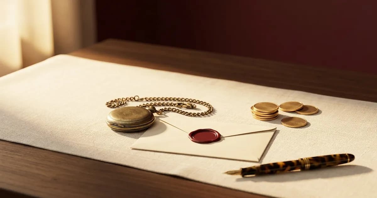 A closed brass pocket watch beside a cream envelope with a red wax seal, a small stack of gold coins and a fountain pen on a linen runner in warm window light