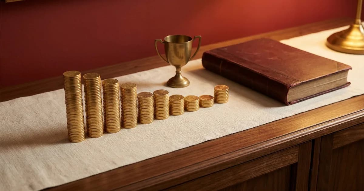 Ten stacks of gold coins shrinking from tall to short on a cream linen runner, beside a small brass trophy cup and a burgundy leather ledger, in warm lamp light
