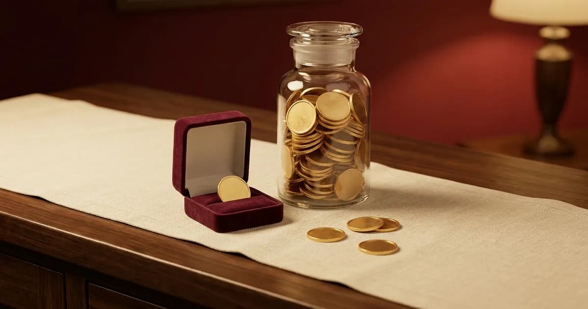 A single gold coin resting in a small open burgundy velvet box beside a tall glass jar filled with gold coins on a cream linen runner, in warm lamp light