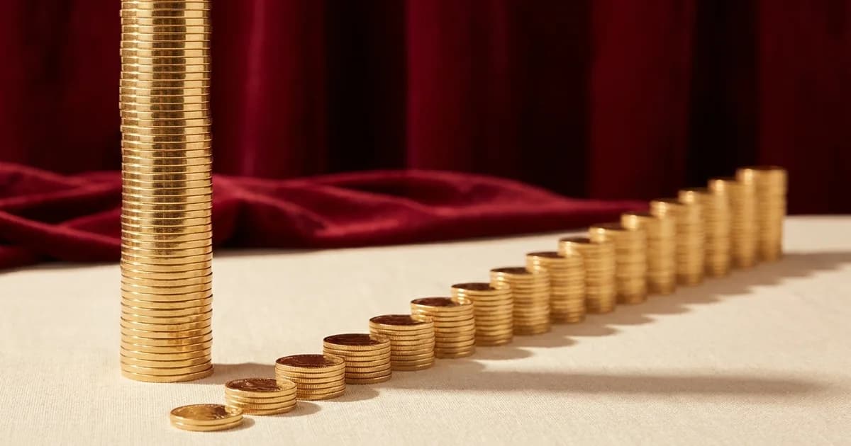 A single tall column of gold coins beside a long row of thirty smaller coin stacks that grow taller as they recede, on cream linen against deep red velvet