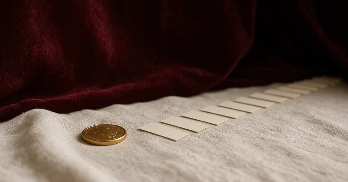 A single gold coin on cream linen beside a long sparse line of blank paper tickets fading into soft shadow against deep burgundy velvet
