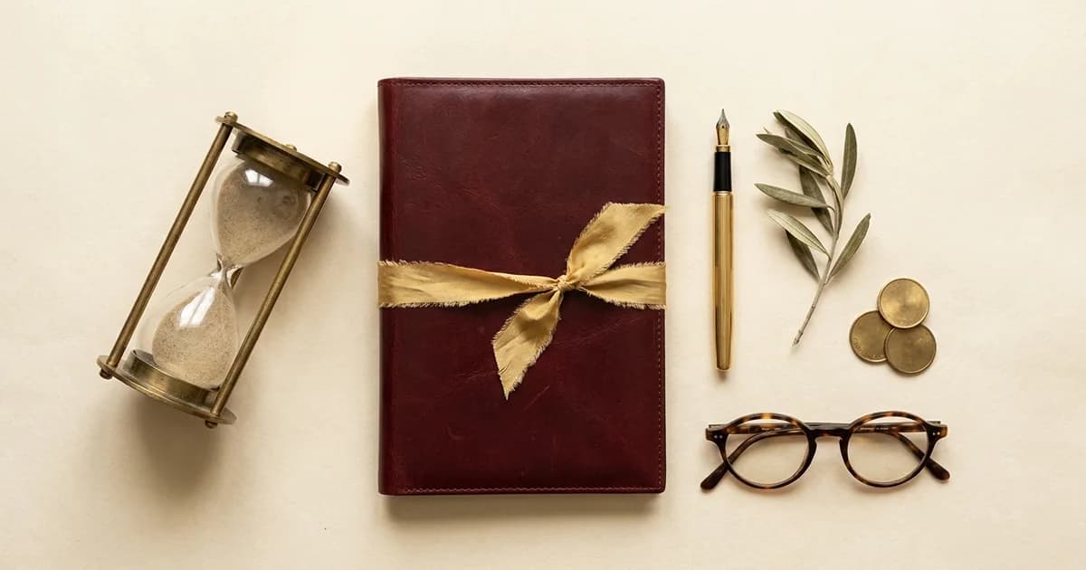 Overhead view of an antique brass hourglass, an oxblood leather portfolio tied with a gold ribbon, a gold fountain pen, an olive sprig, three gold coins and tortoiseshell reading glasses on cream paper
